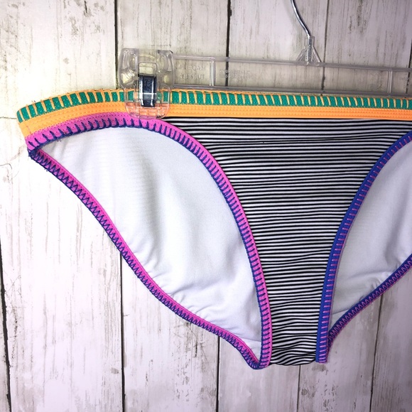 Swim Bottom Large Stripes Crochet Neon Pink Black Colorblock Medium Large - Picture 2 of 3